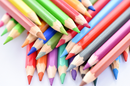 Color pencils, macro. Bright background. Stationery for drawing.の写真素材