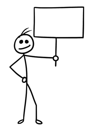 Cartoon vector doodle stickman holding empty sign for your textのイラスト素材