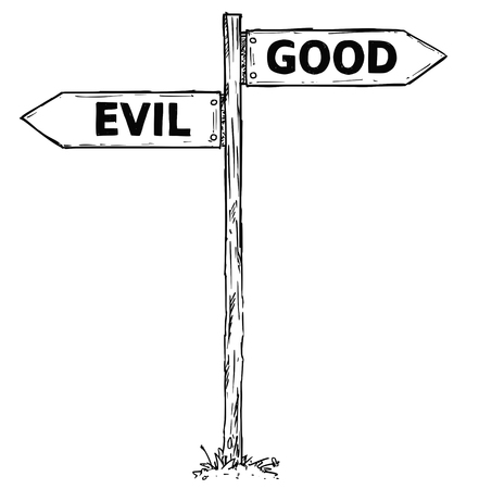 Vector cartoon doodle hand drawn crossroad wooden direction sign with two arrows pointing  left and right as good or evil decision guideのイラスト素材