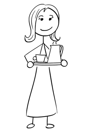 Cartoon vector stick man stickman drawing of woman female secretary assistant holding a tray plate with coffee tea mug and kettleのイラスト素材