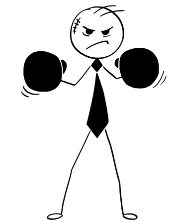 Cartoon vector illustration of angry stick man businessman; salesman or manager with boxing gloves and ready to fight.のイラスト素材