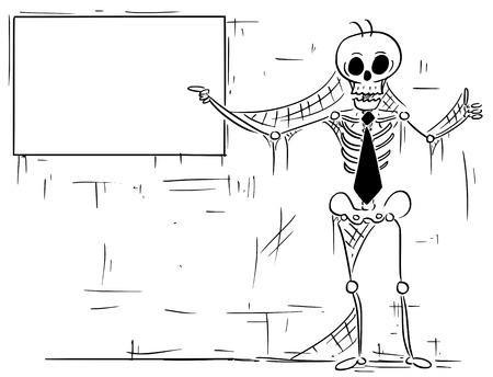Cartoon illustration of human skeleton of dead businessman, clerk, salesman or manager pointing at empty sign and showing thumbs up gesture.のイラスト素材