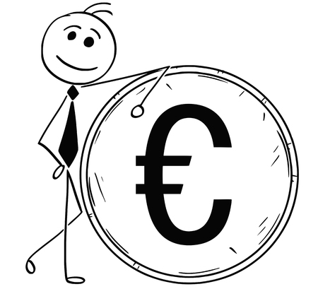 Cartoon stick man illustration of smiling Business man businessman leaning on large euro coin.のイラスト素材