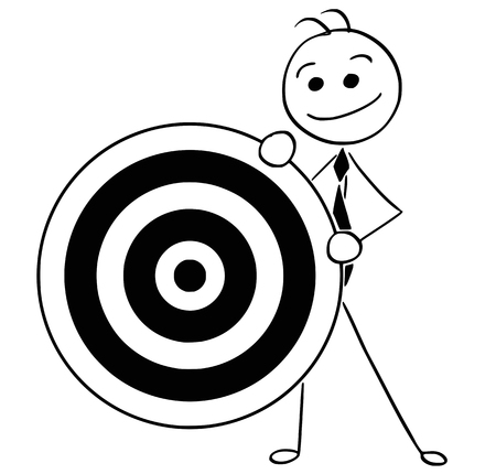 Cartoon stick man illustration of smiling business man businessman holding dartboard target.のイラスト素材