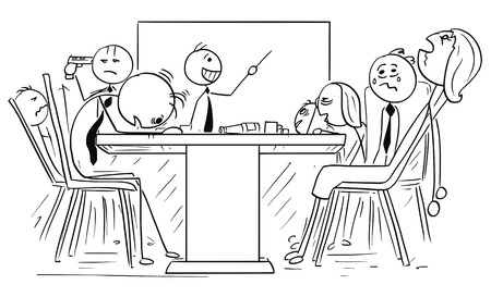 Cartoon stick man illustration of group of business people tired and going mad crazy on the meeting with enthusiastic boss.のイラスト素材