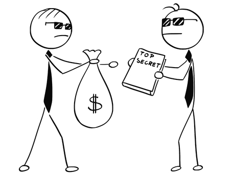Cartoon stick man illustration of two agents spies business men selling changing top secret for bag of money.のイラスト素材