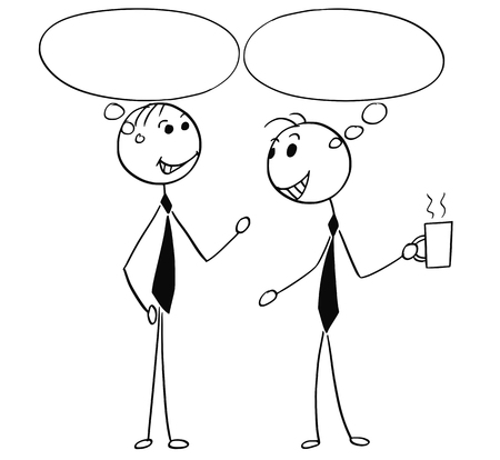 Cartoon stick man illustration of two men male business people talking or chatting with empty speech bubbles balloons.のイラスト素材