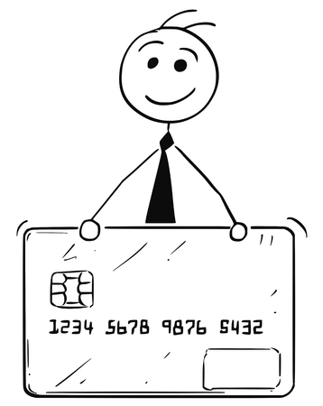 Cartoon stick man illustration of smiling business man businessman with credit or debit card.のイラスト素材