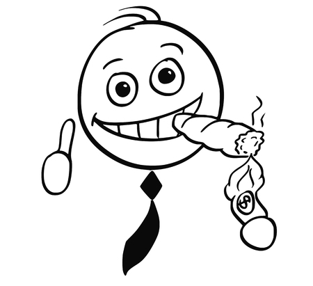 Cartoon stick man illustration of smiling business man businessman lightning big cigar with banknote.のイラスト素材
