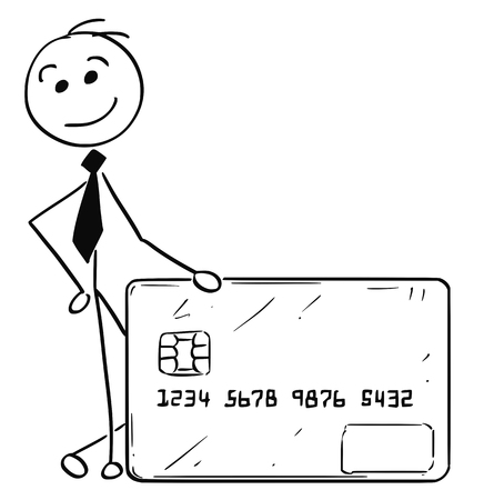 Cartoon stick man illustration of smiling business man businessman posing with credit or debit card.のイラスト素材