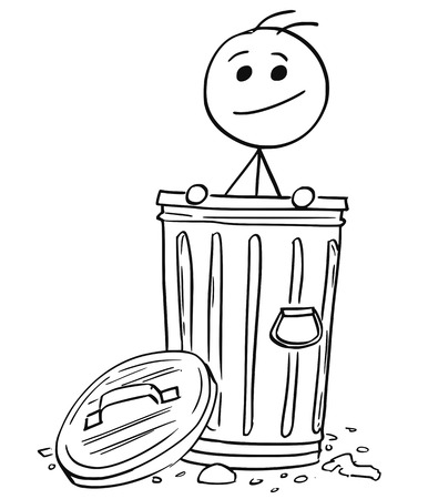 Cartoon stick man illustration of smiling man poking out of the dustbin garbage can.のイラスト素材