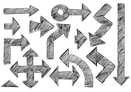 Set of various doodle sketch hatched hand drawing arrows.のイラスト素材
