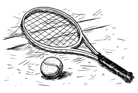 Vector hand drawing drawn illustration of tennis racket and ball on the court ground.のイラスト素材