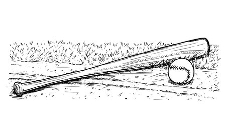 Vector hand drawing drawn illustration of baseball bat and ball on the playground field ground.のイラスト素材
