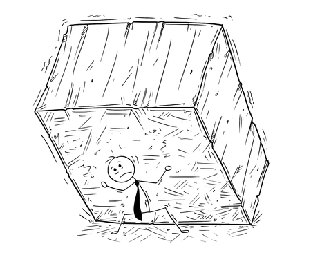 Cartoon stick man drawing conceptual illustration of businessman carrying or supporting big block of stone of rock. Concept of business stress from tax, debt or mortgage.のイラスト素材