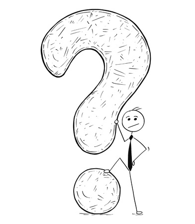 Cartoon stick man drawing conceptual illustration of businessman posing with large question mark.のイラスト素材
