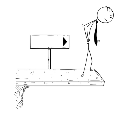 Cartoon stick man concept drawing illustration of businessman standing on the end of the road or bridge with empty blank sign near. Concept of break of the business career.のイラスト素材