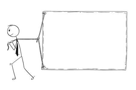 Cartoon stick man drawing conceptual illustration of businessman dragging or pulling large empty blank sign.のイラスト素材