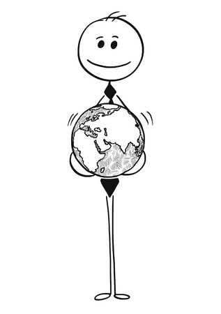 Cartoon stick man drawing conceptual illustration of businessman with earth world globe in his hands. Business concept of global business.のイラスト素材
