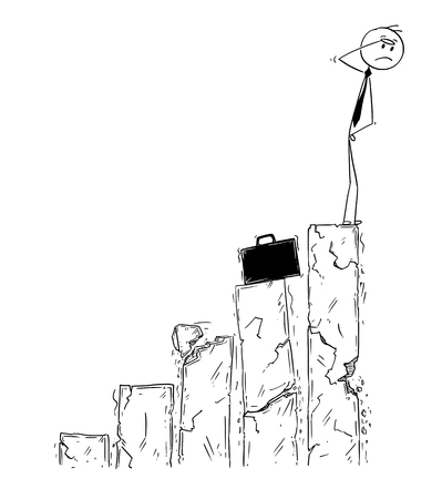 Cartoon stick man drawing conceptual illustration of businessman standing on top of chart and facing market crash. Business concept of bankrupt and crisis.のイラスト素材
