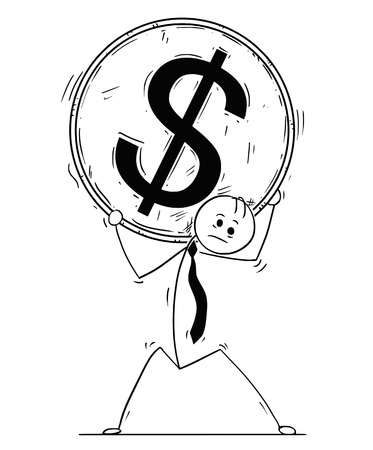 Cartoon stick man drawing conceptual illustration of businessman carry big Dollar coin on his shoulders.のイラスト素材