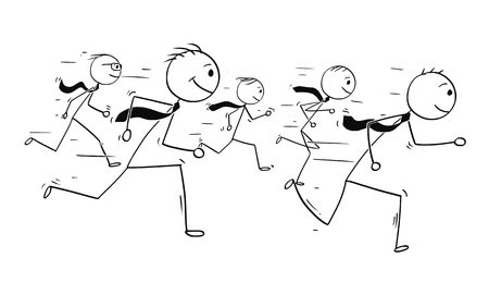 Cartoon stick man drawing conceptual illustration of five businessmen or business people teamwork or running competition race.のイラスト素材