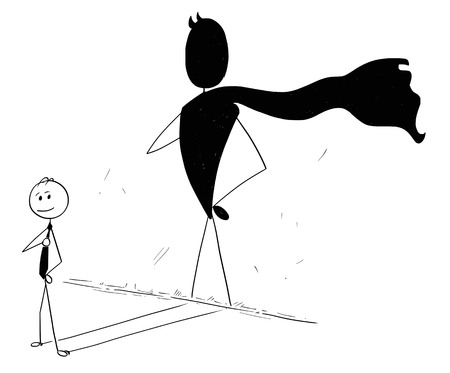 Cartoon stick man in conceptual illustration of businessman and his superhero shadow on the wall.のイラスト素材