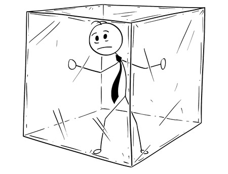 Cartoon stick man drawing conceptual illustration of businessman imprisoned inside glass bubble cube. Business concept of human isolation and limitation.のイラスト素材