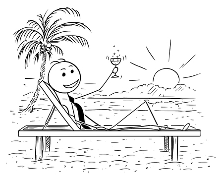 Cartoon stick man drawing conceptual illustration of successful businessman relaxing on the beach bed with glass of drink. Concept of business success.のイラスト素材