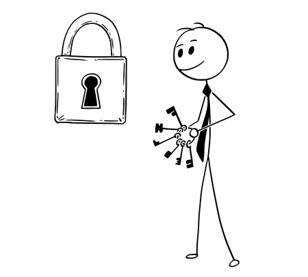 Cartoon stick man drawing conceptual illustration of businessman looking for right key to padlock. Business concept of problem and solution.のイラスト素材