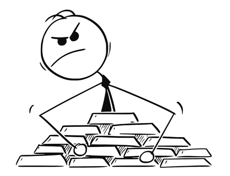 Cartoon stick man drawing conceptual illustration of paranoid businessman protecting his gold ingots bullion treasure.のイラスト素材