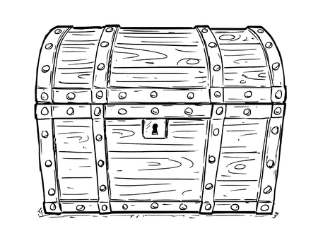 Cartoon vector doodle drawing illustration of old wooden closed and locked pirate treasure chest or trunk. Business concept of security,secret and treasure.のイラスト素材