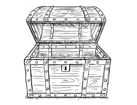 Cartoon vector doodle drawing illustration of old wooden empty open pirate treasure chest or trunk. Business concept of crisis and bankrupt.のイラスト素材