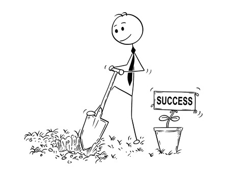 Cartoon stick man drawing conceptual illustration of businessman digging hole to plant a tree with success sign as flower. Business concept of investment, growth and career.のイラスト素材