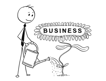 Cartoon stick man drawing conceptual illustration of businessman gardener in garden watering blooming plant with can. Large flower as business sign. Concept of career, growth and investment.のイラスト素材