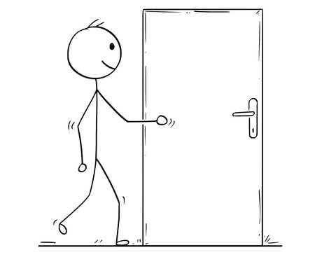Cartoon stick man drawing conceptual illustration of man or businessman walking to open doorのイラスト素材