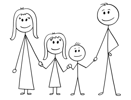 Cartoon stick man drawing illustration of happy family of father, mother, son and daughter.のイラスト素材