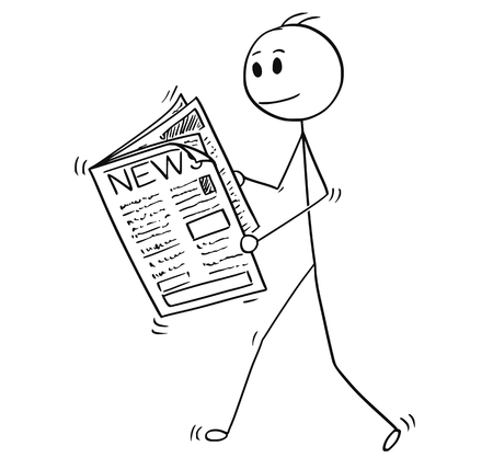 Cartoon stick man drawing conceptual illustration of businessman reading news in newspaperのイラスト素材
