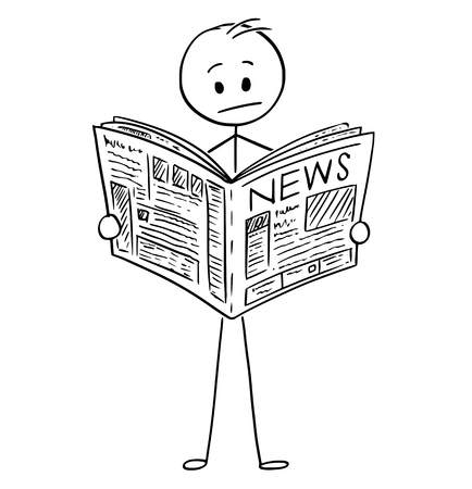 Cartoon stick man drawing conceptual illustration of businessman reading bad news in newspaper.のイラスト素材