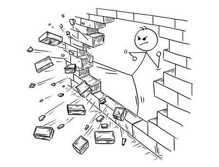 Conceptual illustration of businessman doing kung-fu or karate kick to destroy the brick wall.