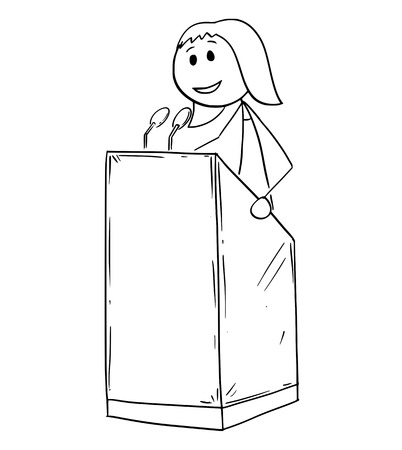 Cartoon stick man drawing conceptual illustration of businesswoman or woman business speaker or orator making speech or talking to public on podium behind lectern.のイラスト素材