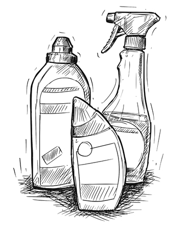 Vector artistic pen and ink hand drawing illustration of house cleaning products.のイラスト素材