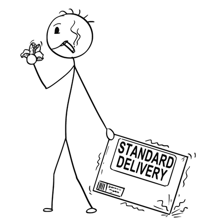 Cartoon stick man drawing conceptual illustration of bad and unmotivated man or businessman negligently pulling the carton box. Business concept of standard quality or poor delivery service.のイラスト素材