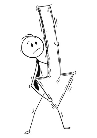 Cartoon stick man drawing conceptual illustration of businessman carrying big and heavy down pointing arrow. Business concept of bankruptcy, crisis and depression.のイラスト素材