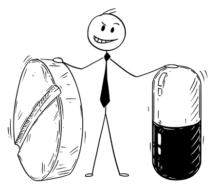 Cartoon stick man drawing conceptual illustration of businessman holding two big pills. Business concept of pharmacy and pharmaceutical industry.のイラスト素材