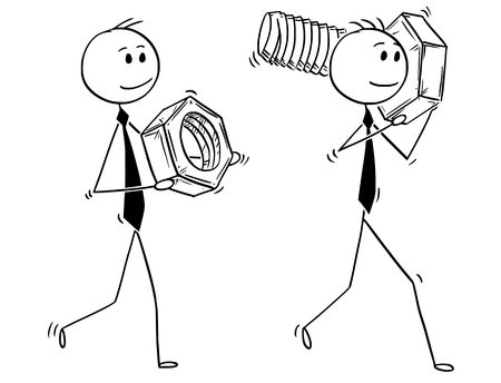 Cartoon stick man drawing conceptual illustration of two businessmen carrying big bolt and nut. Business concept of problem and solution.のイラスト素材