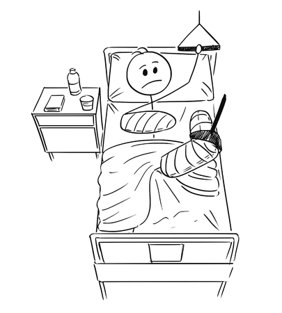 Cartoon stick man drawing conceptual illustration of businessman with broken leg and arm lying on bed in hospital. Concept of career break or healthcare.のイラスト素材