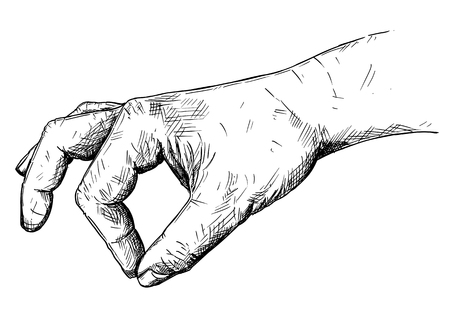 Vector artistic pen and ink drawing illustration of hand holding something small between pinch fingers. Possibly spice or salt or pepper.のイラスト素材