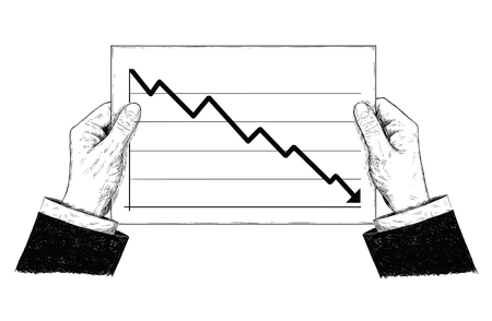 Vector artistic pen and ink drawing illustration of hands holding document or paper with falling financial chart or graph.のイラスト素材