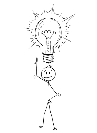 Cartoon stick man drawing conceptual illustration of businessman with idea and light bulb above his head. Business concept of creativity and problem solution.のイラスト素材